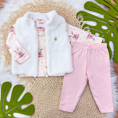 Conj. Colete de Pelinho, Blusa Coelhinha e Calça Legging - Rosa Bebê